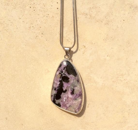 Large Gemstone Silver Pendant, Charoite Stone Necklace, Mauve Gemstone, Gift For Her