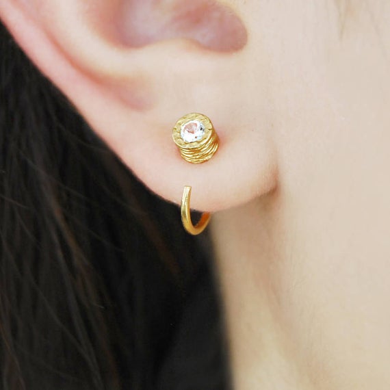 Stud Hoop Earrings, Gemstone Earrings, Gold Gemstone Stud, Tiny Hoop Earring, Diamond Stud, Gold Stud, Edgy Earrings, Minimal Jewelry, Hoops