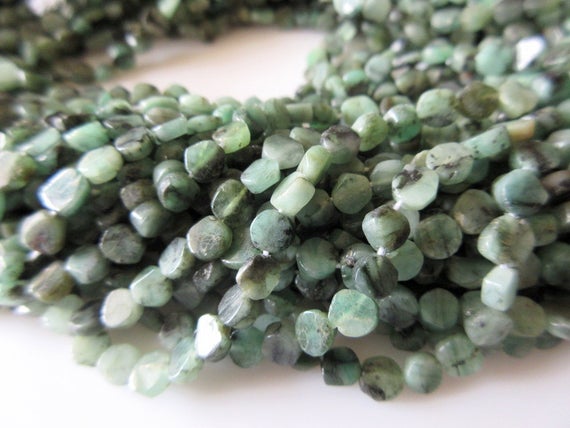 5 Strands Natural Emerald Flat Coin Beads, Wholesale Emerald Beads, 5mm Coin Beads, 13.5 Inch Strand, Sku-2802/1