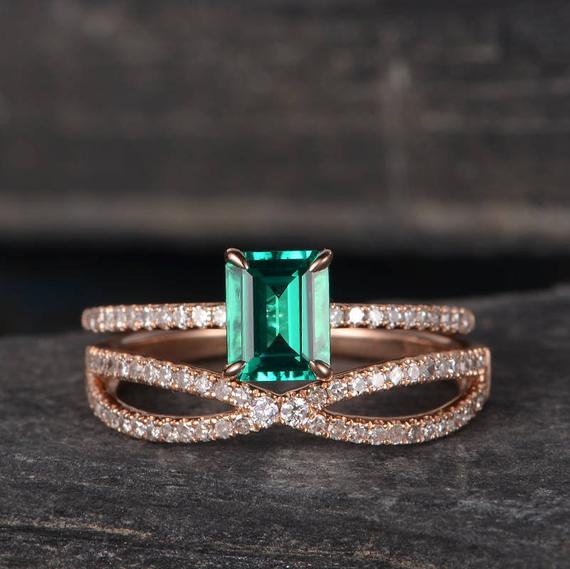Lab Emerald Bridal Sets Wedding Ring Rose Gold Engagement Ring Set Diamond Half Eternity Women Pave Delicate Matching Infinity  Anniversary