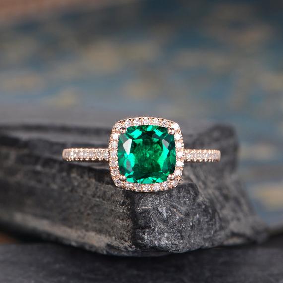 Lab Emerald Engagement Ring Rose Gold Cushion Cut Halo Diamond Bridal Wedding Ring Promise Birthstone May Women Half Eternity Antique Gift
