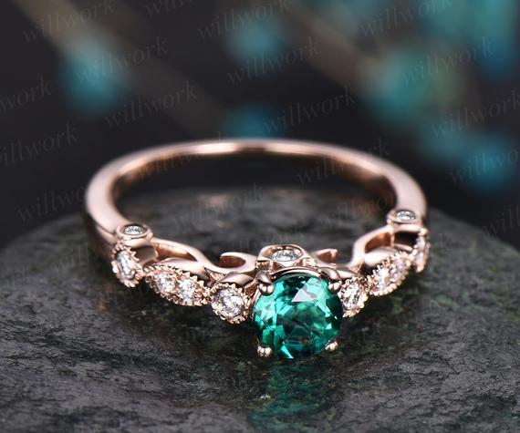 Rose Gold Ring 5mm Green Emerald Ring Vintage Emerald Engagement Ring 14k Rose Gold Diamond Ring Unique Design Antique May Birthstone Ring