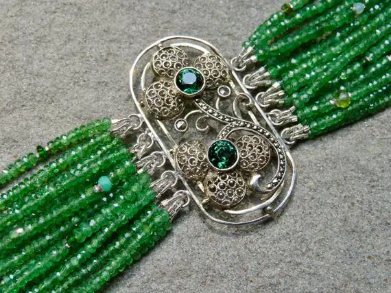 Theodor Fahrner Jewelry, Tsavorite Garnet Bracelet, Multi Strand Gemstone Jewelry