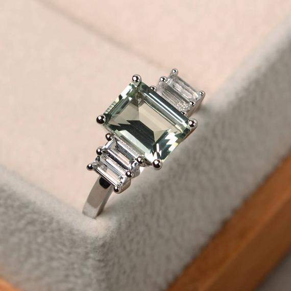 Natural Green Amethyst Rings, Promise Ring, Emerald Cut Green Gemstone, Sterling Silver Ring, Unique Rings
