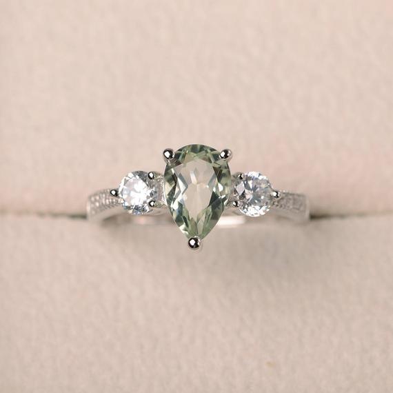 Natural Green Amethyst Ring, Wedding Ring, Pear Cut Gemstone, Sterling Silver Ring, Three Stones Ring