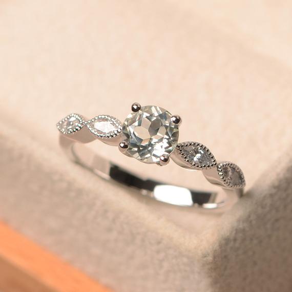 Green Amethyst Ring, Round Cut Green Amethyst Ring, Silver Proposal Ring, Milgrain Ring