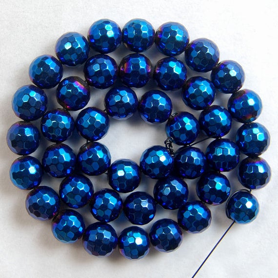 Faceted Blue Hematite Jewelry Beads, 3mm 4mm 6mm 8mm 10mm Round Gemstone Beads, Blue Hematite Spacer Beads, Faceted Stone Beads