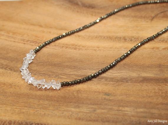 Herkimer Diamond And Pyrite Necklace, Quartz Crystal Jewelry, Minimalist, Gemstone Necklace