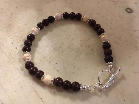 Brown Bracelet - White Howlite Gemstone Jewelry - Sterling Silver Jewellery - Earth Tones - Layer - Stack - Beaded