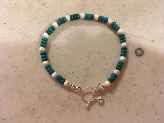 Green Bracelet - Sterling Silver Jewelry - White Howlite Gemstone Jewellery - Heart Charm