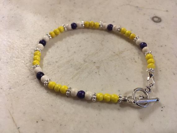 Yellow Bracelet - Lsu Jewelry - Silver Jewellery - Gemstone - White - Purple - Beaded - Howlite