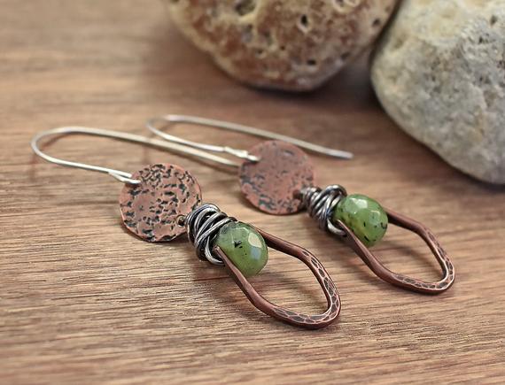 Artisan Jade Earrings, Rustic Green Stone Dangles, Unique Copper Jewelry Handmade, Sterling Silver Ear Wires