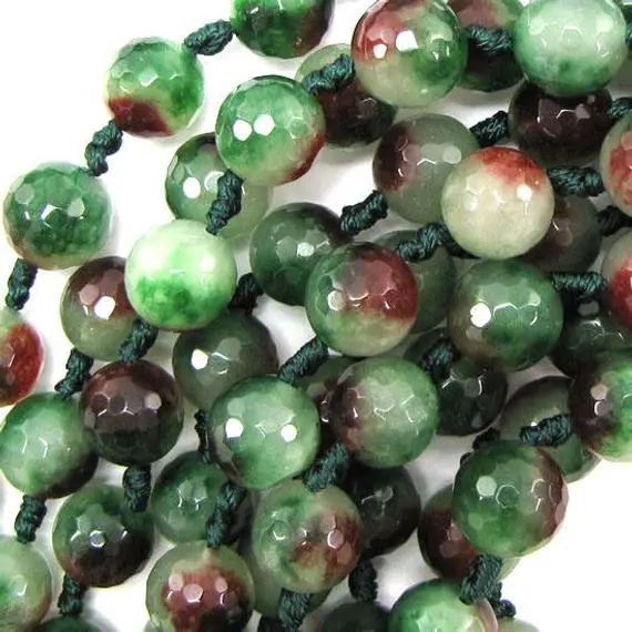 14mm Faceted Jade Round Beads 10" Strand Brown Green 17907