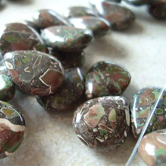 Jasper Beads 15 X 12mm Natural Green, Rust And Cream Camouflage Jasper Teardrops - 8 Pieces