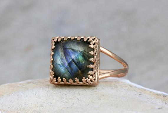 Labradorite Ring · Gemstone Ring · Square Ring · Vintage Ring · Rose Gold Ring · Pink Gold Ring · Mom Gift · Rainbow Labradorite Ring