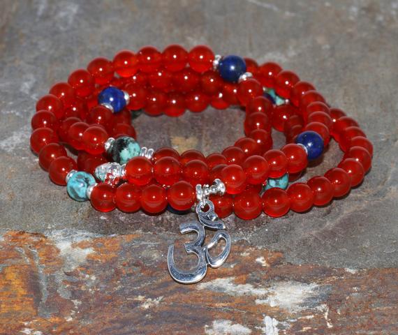 108 Cornaline Mala Beads, Stacking Bracelet, Gemstone Bracelet, Wrist Mala, Yoga Bracelet, 6mm Cornaline, Lapis Lazuli And African Turquoise