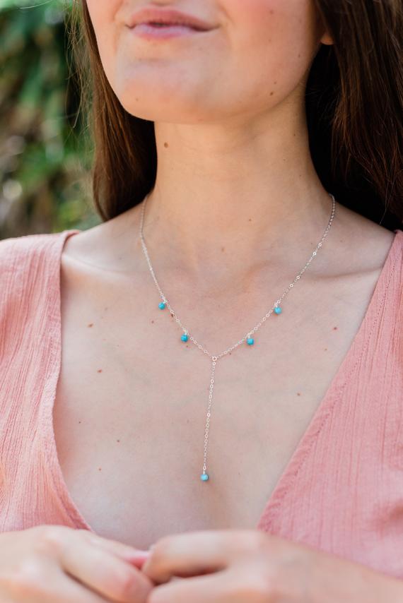 Aqua Blue Dominican Larimar Necklace With Beads. Dainty Larimar Necklace For Women. Small Minimalist Sterling Silver Lariat Y Necklace.