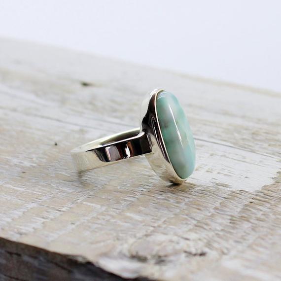 Larimar Long Oval Stone Ring Set On A Solid 925e Sterling Silver Mount, Genuine Natural Larimar Stone