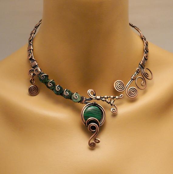 Statement Malachite Necklace, Open Necklace, Copper Necklace For Women, Green Stone Necklace, Copper Jewelry, Malachite Choker Necklace