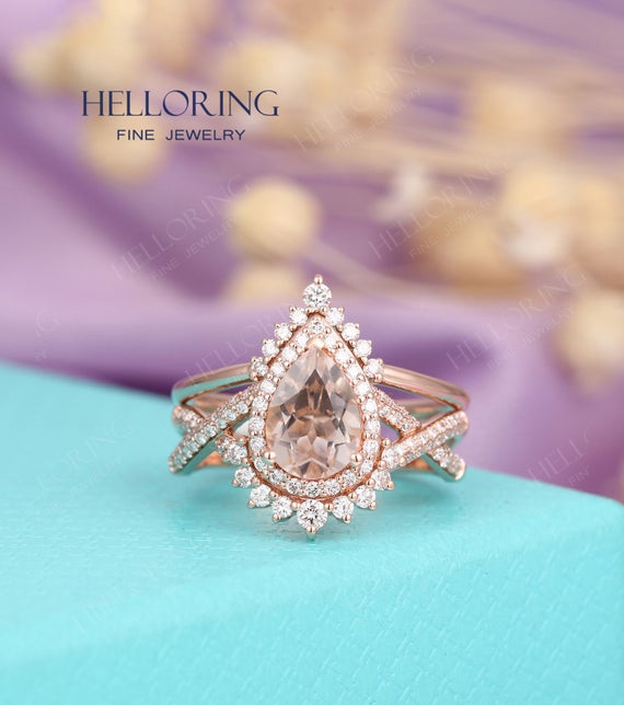 Morganite Engagement Ring Set Pear Shaped Vintage Rose Gold Ring Halo Moissanite Diamond Wedding Band Women Art Deco Twisted Bridal Ring