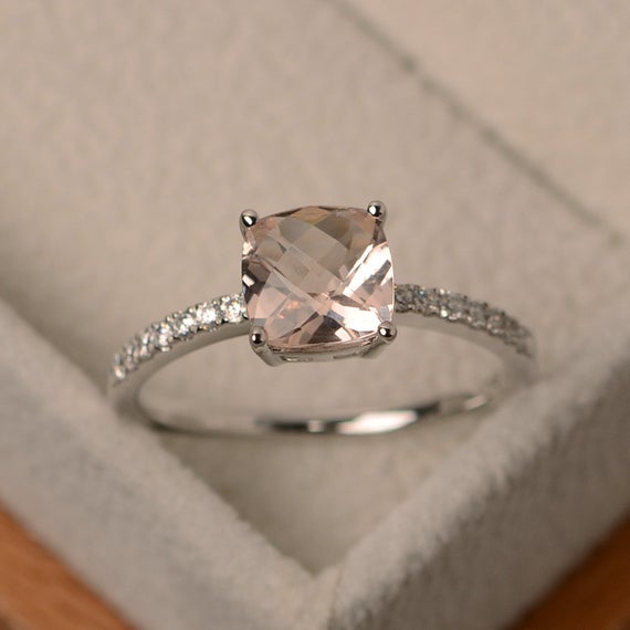 Real Morganite Engagement Ring, Sterlling Silver,cushion Cut 7x7 Mm Pink Stone Promise Ring