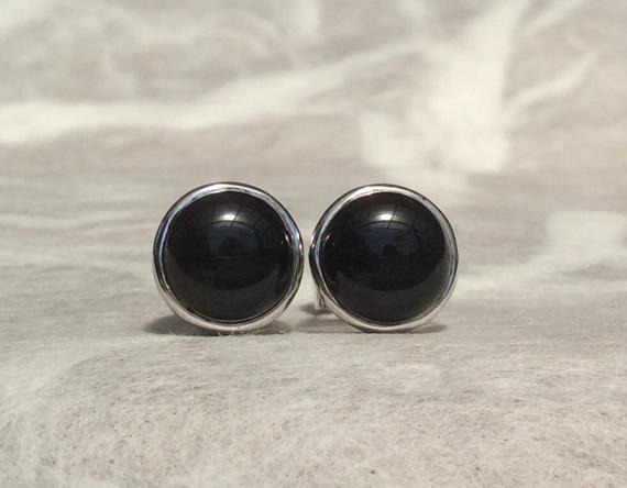 Black Onyx Gemstone Silver Stud Earrings, Natural Stone Studs, Classic Black Earrings, Gift For Mum