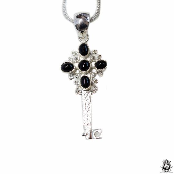 Black Onyx Key 925 Sterling Silver Pendant & 3mm Italian 925 Sterling Silver Chain P4673
