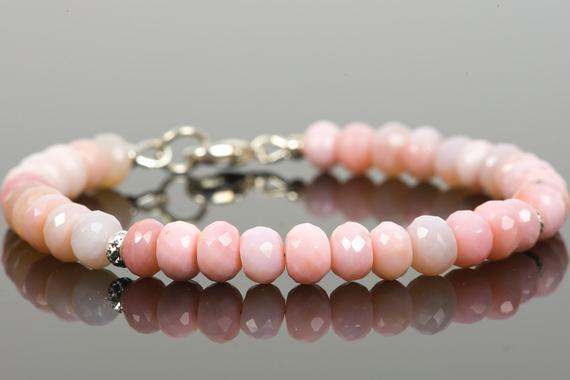 Pink Peruvian Opal Gemstone Bracelet, Natural Peruvian Opal 7mm Faceted Beads, Handmade Gemstone Jewelry