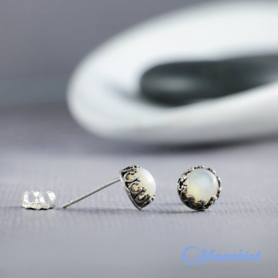 White Pearl Stud Earrings, Sterling Silver Pearl Earrings, Dainty Pearl Studs, Bridesmaid Gift, Silver Gemstone Earrings | Moonkist Designs