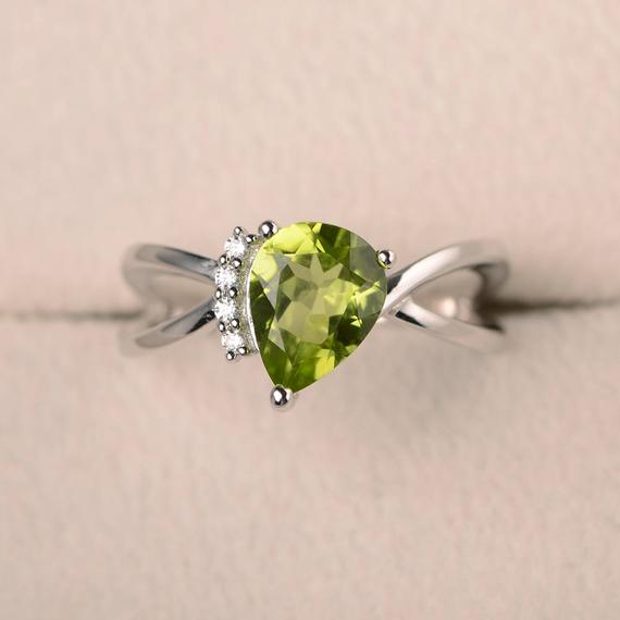 Natural Green Peridot Ring, Promise Ring, Pear Cut Gemstone, August Birthstone, Sterling Silver Ring