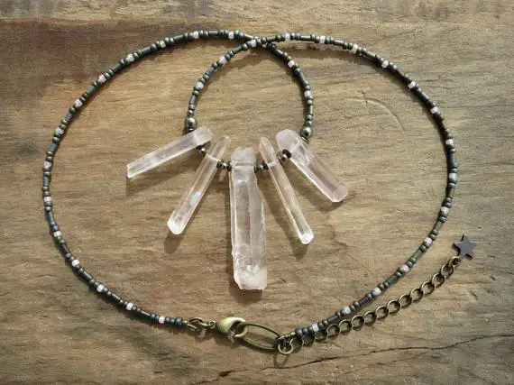 Rough Quartz Crystal Necklace, Rustic Bohemian Style Peach Quartz Crystal Fan Beaded Necklace, Gray And Pink Jewelry