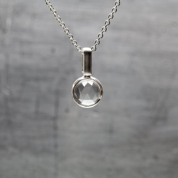 Clear Rose-cut Quartz Silver Necklace Round Modern Bezel Pendant Minimalistic Monochrome Design Affordable Gift Idea For Her - Crystal Dome
