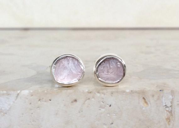 Mothers Day Gift, Pink Gemstone Silver Stud Earrings, Raw Stone Studs, Rose Quartz Silver Earrings