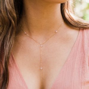 Rose quartz bead chain lariat necklace in bronze, silver, gold or rose gold. 16" long with 2" adjustable extender. January birthstone | Natural genuine Array jewelry. Buy crystal jewelry, handmade handcrafted artisan jewelry for women.  Unique handmade gift ideas. #jewelry #beadedjewelry #beadedjewelry #gift #shopping #handmadejewelry #fashion #style #product #jewelry #affiliate #ad