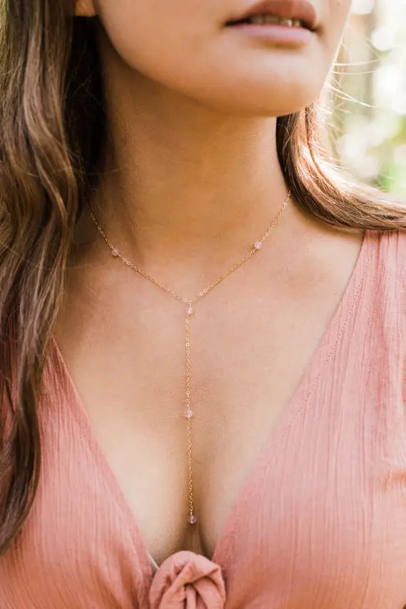 Rose Quartz Bead Chain Lariat Necklace In Bronze, Silver, Gold Or Rose Gold. 16" Long With 2" Adjustable Extender. January Birthstone