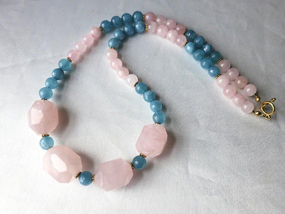 Bold Colorblock  Pink & Blue Gemstone Necklace. Chunky Modern Statement Jewelry. Short Length. Blue And Rose Quartz Color Block
