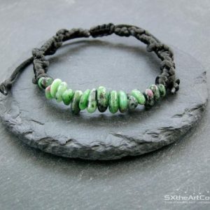 Ruby Zoisite bracelet, Anyolite unisex braided stacking wristband, adjustable jewelry
