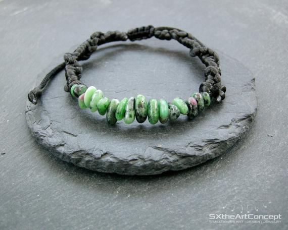 Ruby Zoisite Bracelet, Anyolite Unisex Braided Stacking Wristband, Adjustable Jewelry