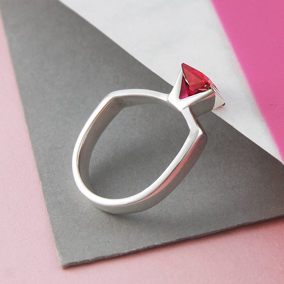 Sterling Silver Ruby Birthstone Ring,red Crystal Ring,geometric Ring,july Birthstone Ring,silver Gemstone Ring,birthday Gift, Modern Jewelry