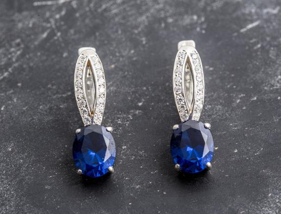 Blue Sapphire Earrings, Created Sapphire, Vintage Earrings, Blue Sapphire, Cz Diamonds, Royal Blue Earrings, Solid Silver Earrings, Sapphire