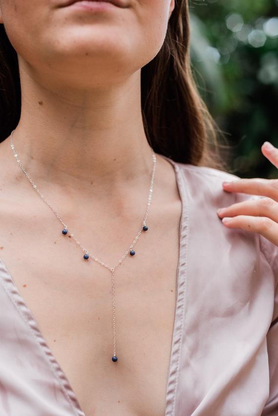 Blue Sapphire Bead Lariat Necklace. Genuine Sapphire Y Necklace. September Birthstone Sapphire Necklaces For Women. Tiny Sapphire Y Necklace