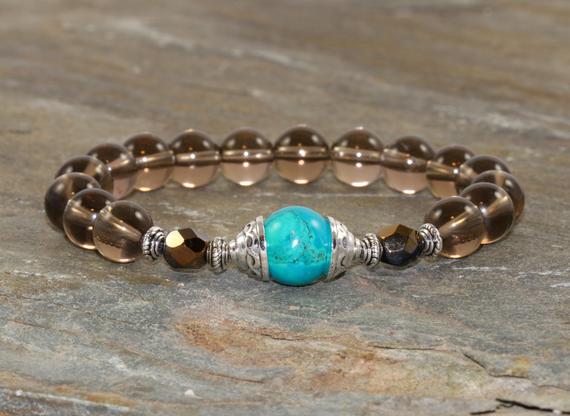 Smoky Quartz & Turquoise Bracelet, Healing Crystals, Yoga Mala Beads, Root Chakra, Emotional Wellness + Eases Depression + Anxiety Relief