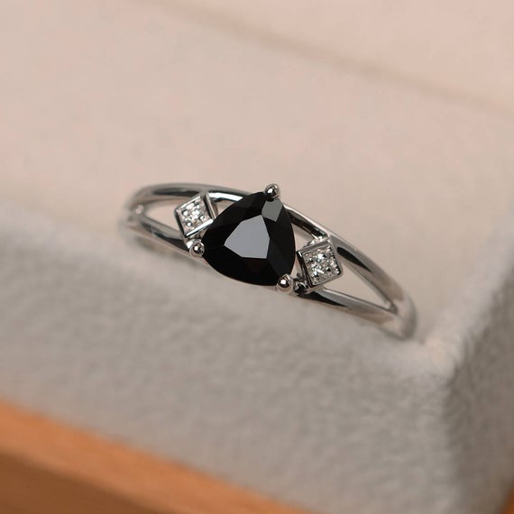 Natural Black Spinel Ring, Anniversary Ring, Three Stones Ring, Trillion Cut Black Gemstone, Sterling Silver Ring