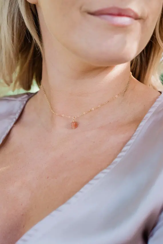 Tiny Raw Orange Sunstone Gemstone Pendant Choker Necklace In Gold, Silver, Bronze Or Rose Gold. Handmade To Order