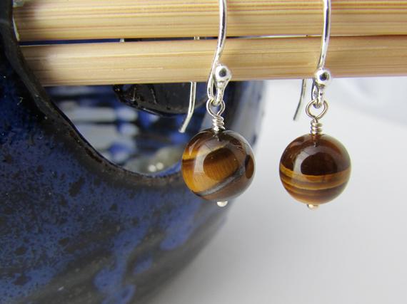 Tiger Eye Earrings, Small Dangle Earrings, Round Tigers Eye, Tiger Iron Stone Earrings