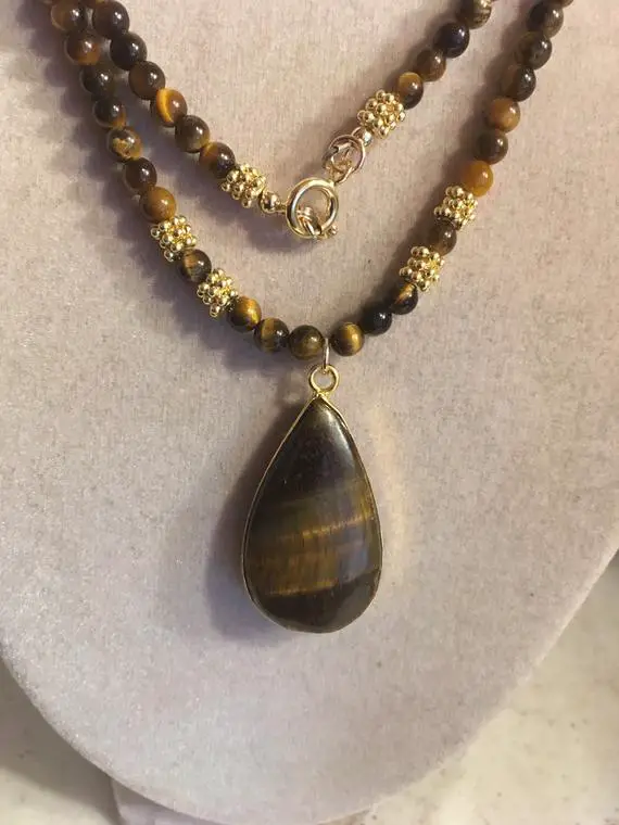 Long Brown Necklace - Tigers Eye Gemstone Jewellery - Pendant Jewelry - Gold - Beaded