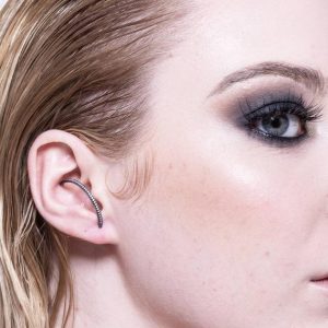 Oxidised Silver Earring-Statement Hoop Earring-Modern Ear Climber-Illusion Ear Cuff-Unusual Earring-White Topaz Earring-Black Ear Cuffs