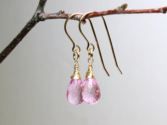Pink Topaz Gold Filled Earrings Wire Wrapped Natural Rose Pink Gemstone Simple Minimalist Artisan Dangles February Birthstone Gift 5282