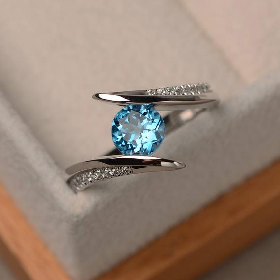 Swiss Blue Topaz Ring, Topaz Engagement Ring, Sterling Silver Ring, Blue Gemstone Ring, Round Cut Gemstone