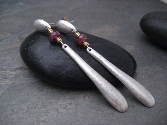 Linear Paddle Earrings With Rough Pink Tourmaline - Solid Sterling Silver